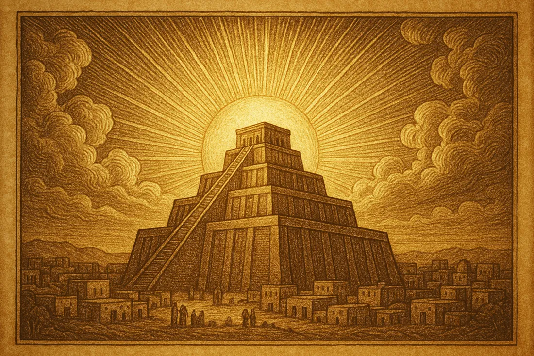 Sol radiante sobre um zigurate